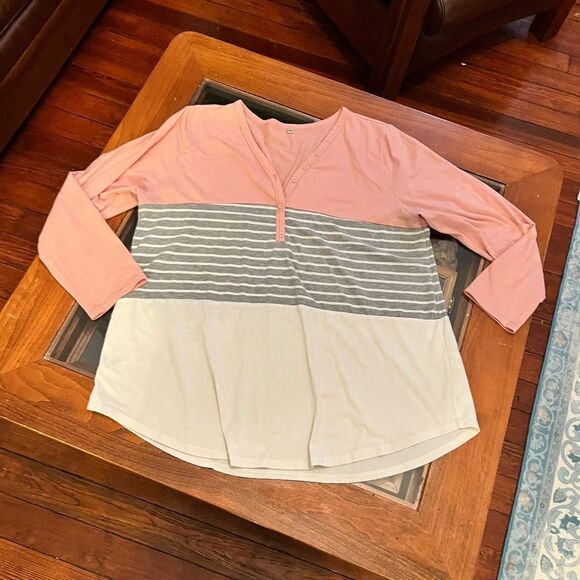 Pink Block Long Sleeve Top Button Up Gray White 2XL - Picture 2 of 12
